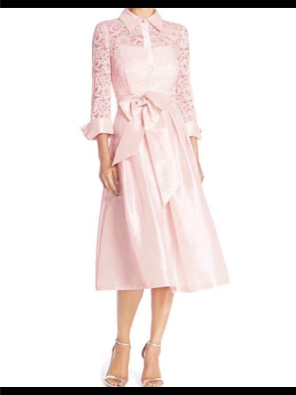 Eliza J Pale Pink Lace-Sleeve Midi Dress with Waist Bow
